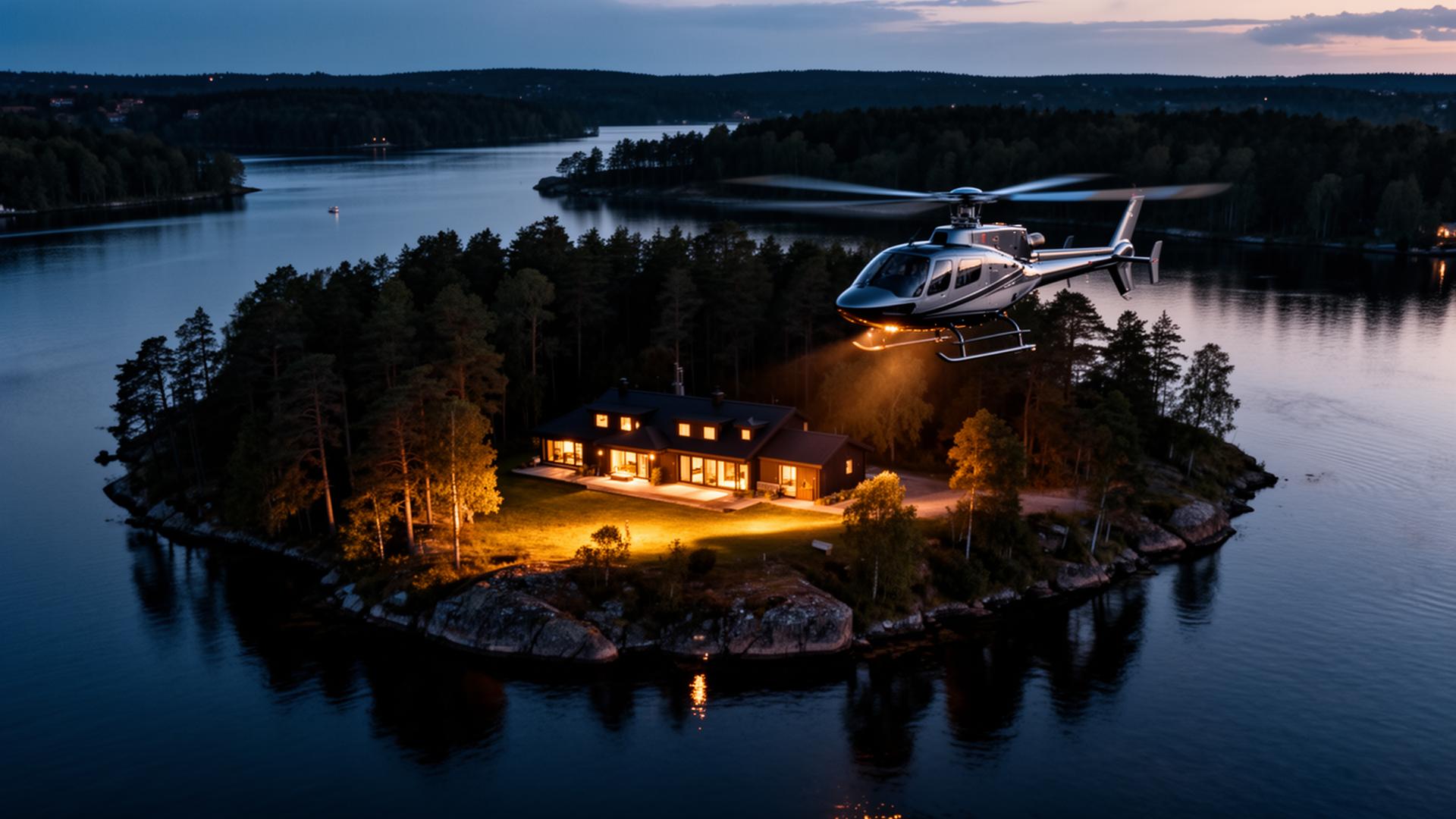 Private Scandinavian island lodge at dusk on Lake Mälaren
